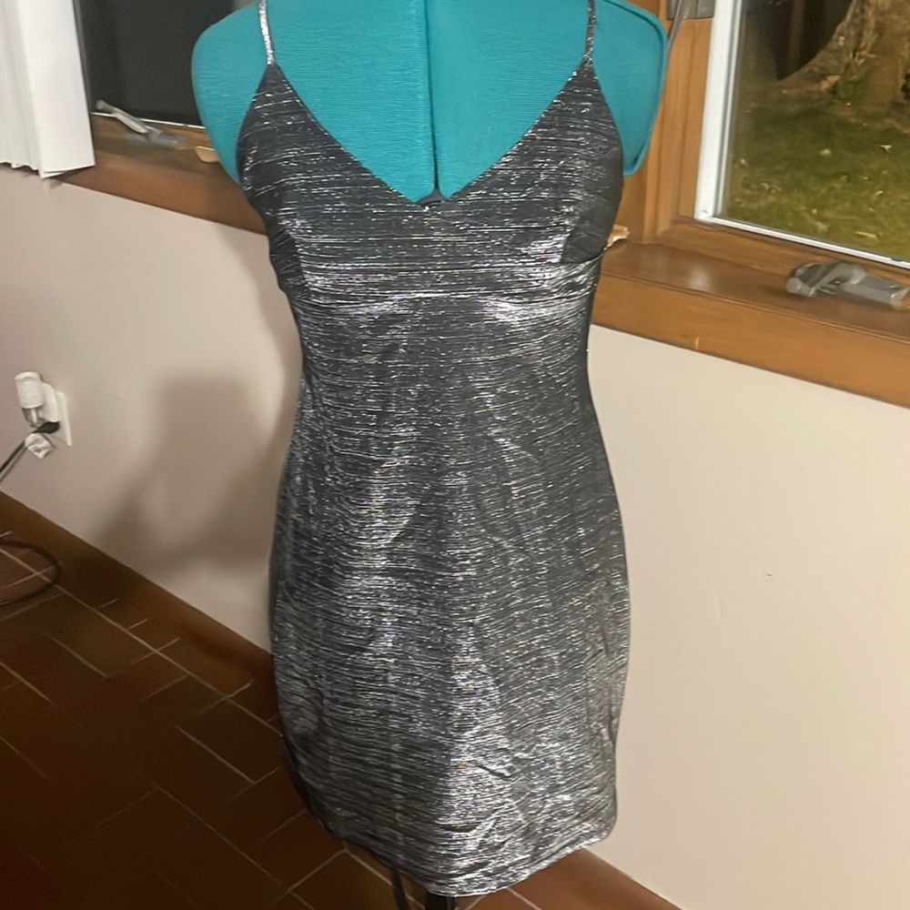 NWT METALLIC silver/black cocktail dress size medium